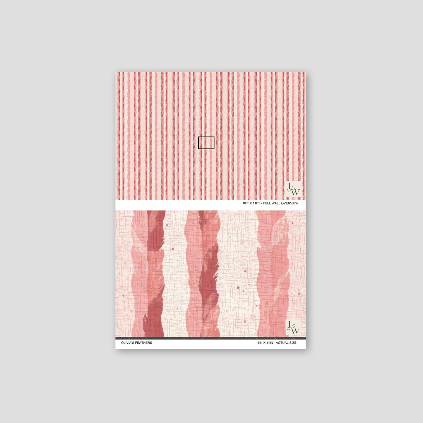 Olivia's Feathers wallpaper with blush and rose vertical stripes and feather motifs.
