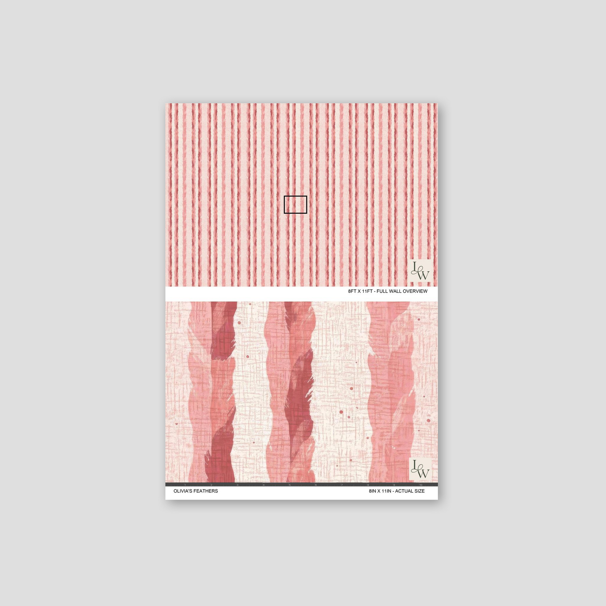 Olivia's Feathers wallpaper with blush and rose vertical stripes and feather motifs.