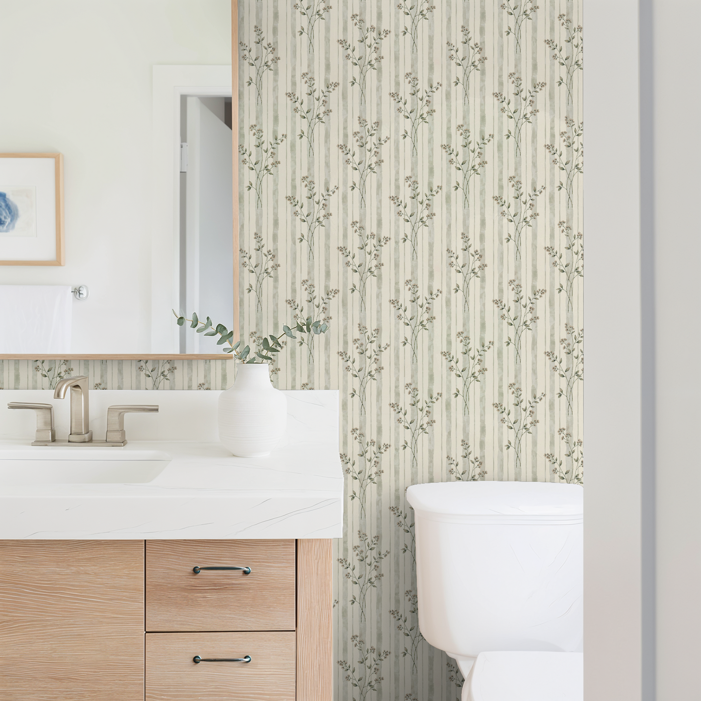 Opulent Blossom wallpaper with floral stripes in a modern bathroom setting.
