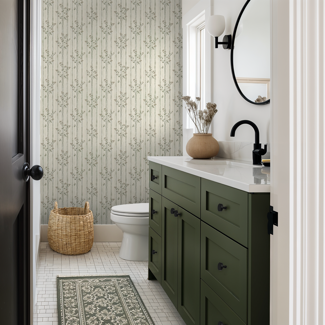 Bathroom with Opulent Blossom floral striped wallpaper and green vanity