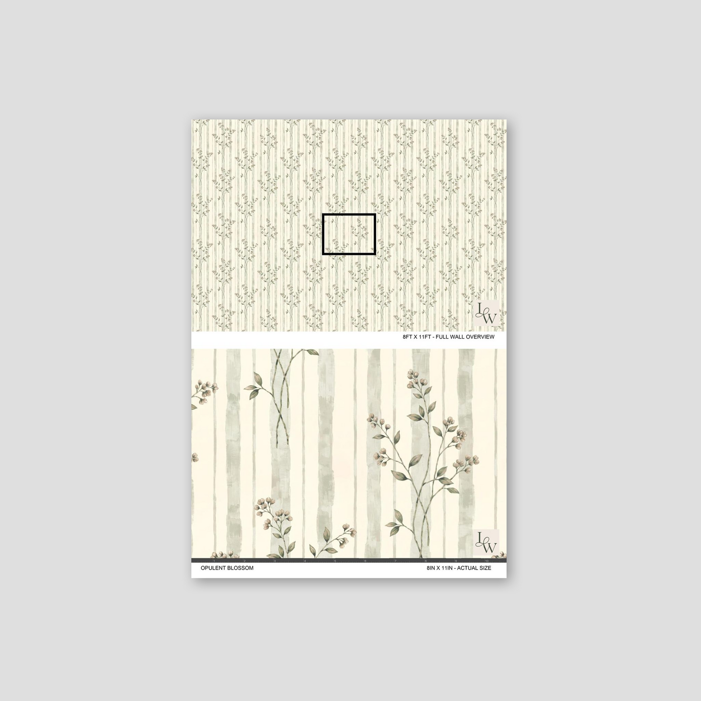 Opulent Blossom wallpaper with vertical stripes and floral sprigs in muted tones