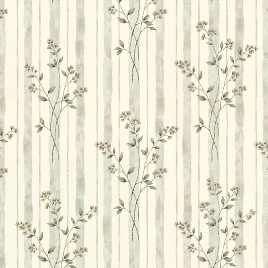 Opulent Blossom wallpaper with floral sprigs and muted vertical stripes