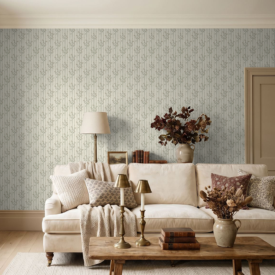 Opulent Blossom wallpaper with delicate vertical stripes and foliage in elegant living room.