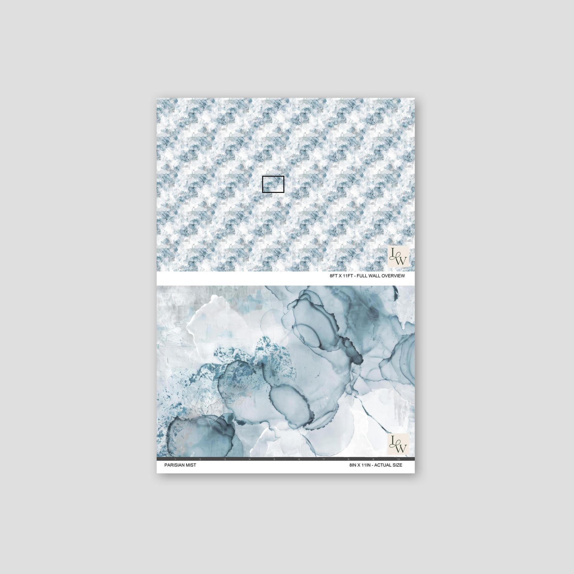 Parisian Mist wallpaper with watercolor blues and grays in abstract pattern.