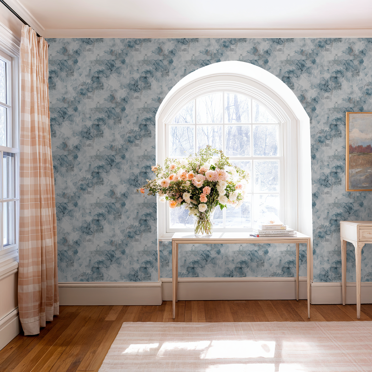Parisian Mist wallpaper with watercolor blues and grays in elegant living room.