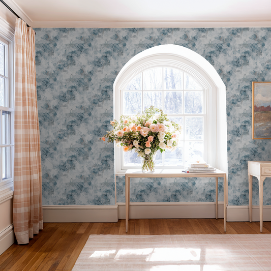 Parisian Mist wallpaper with watercolor blues and grays in elegant living room.