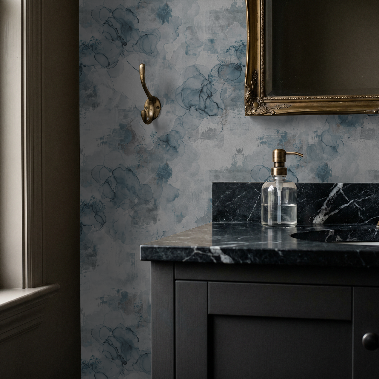 Bathroom with Parisian Mist watercolor wallpaper in soft blues and grays.