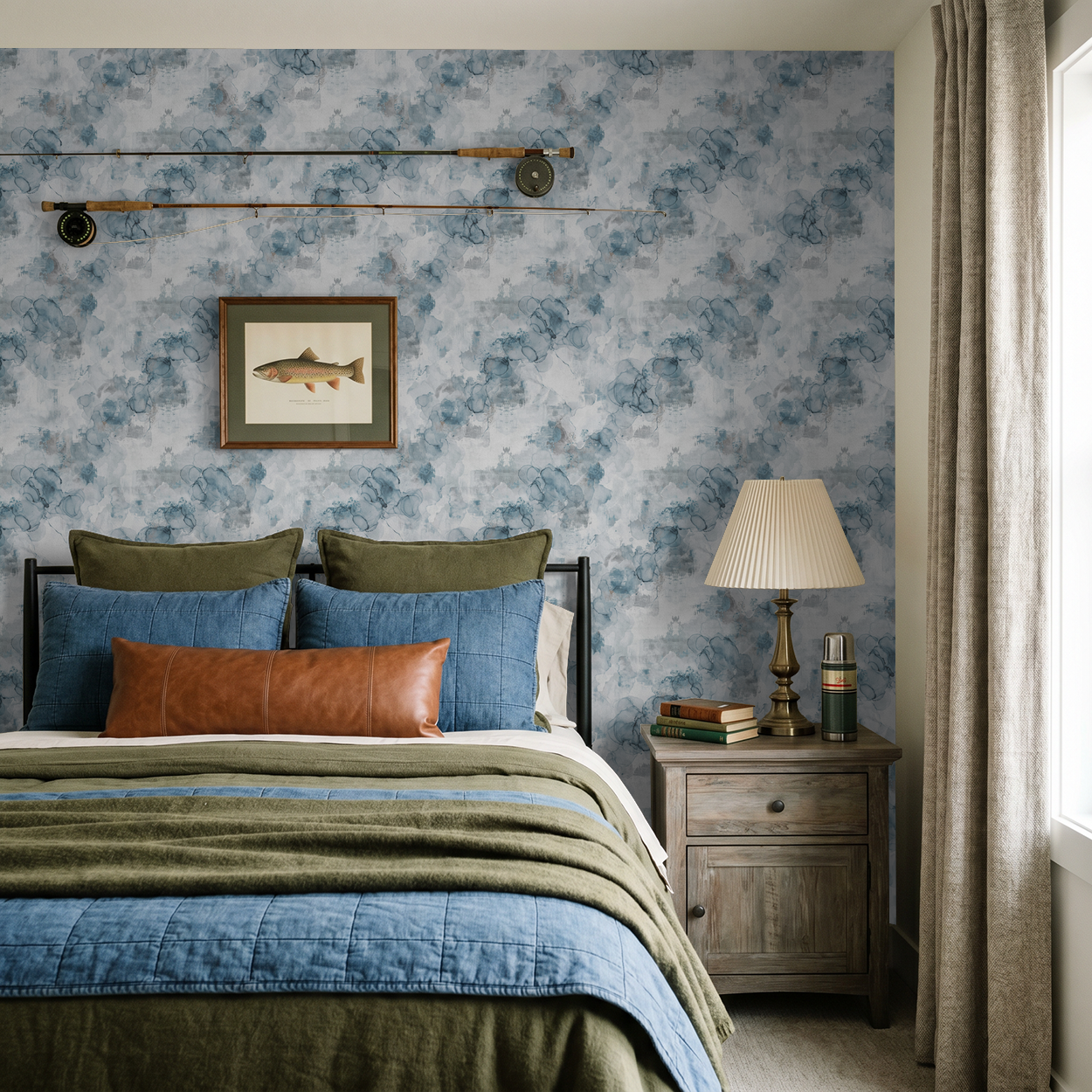 Bedroom with Parisian Mist watercolor wallpaper in blue and gray tones