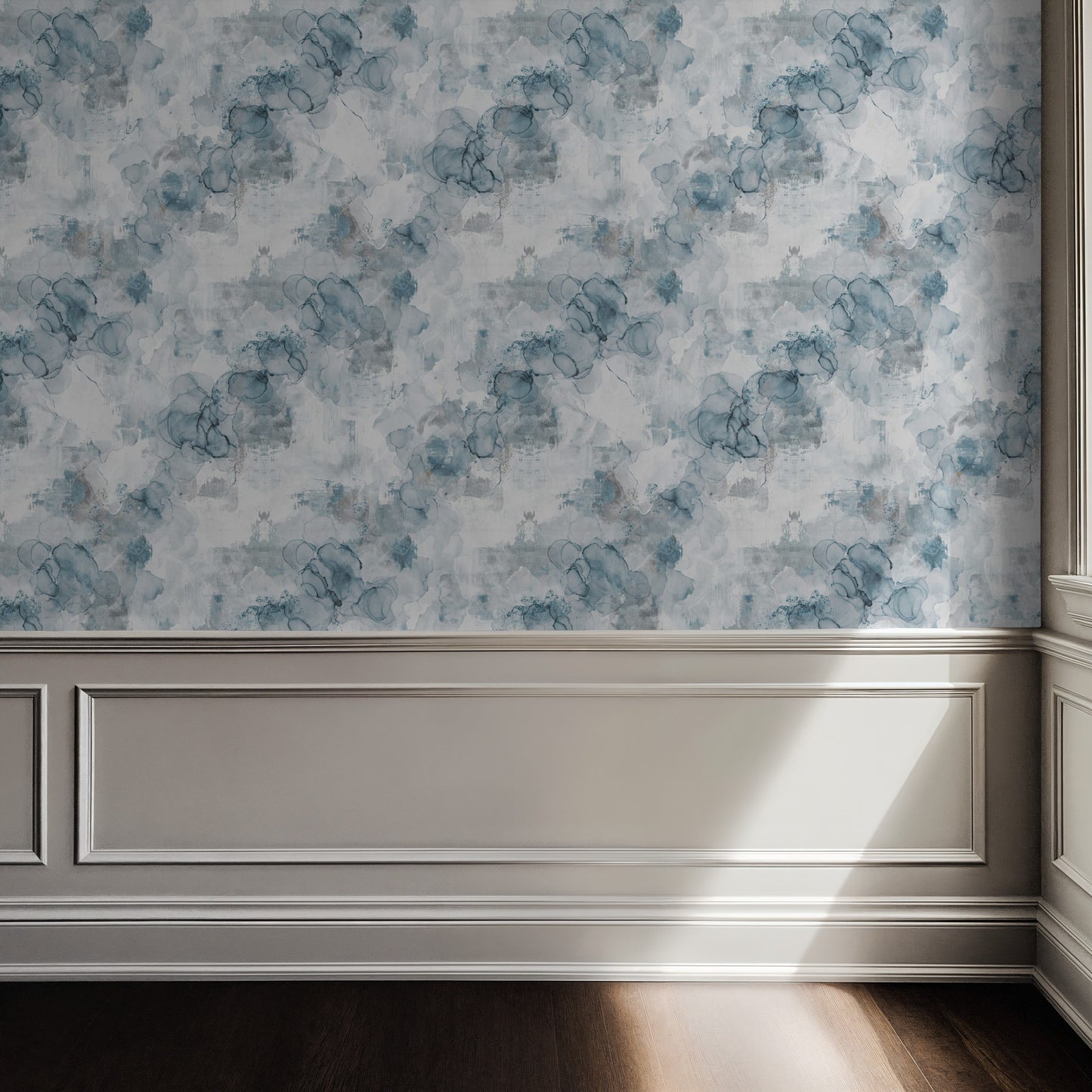 Parisian Mist watercolor wallpaper with soft blues and grays in elegant room setting.