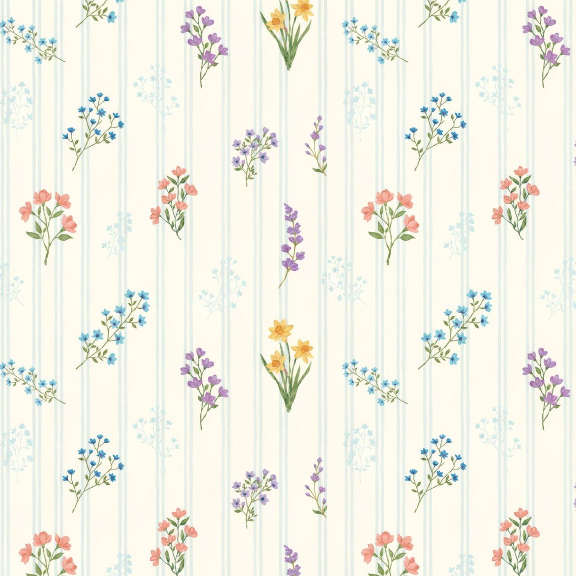 Floral wallpaper with pastel bouquets on creamy backdrop, vertical stripes, vintage style.