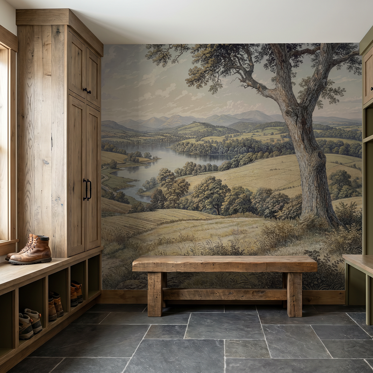 Pastoral landscape wallpaper with tree and hills in rustic room setting.