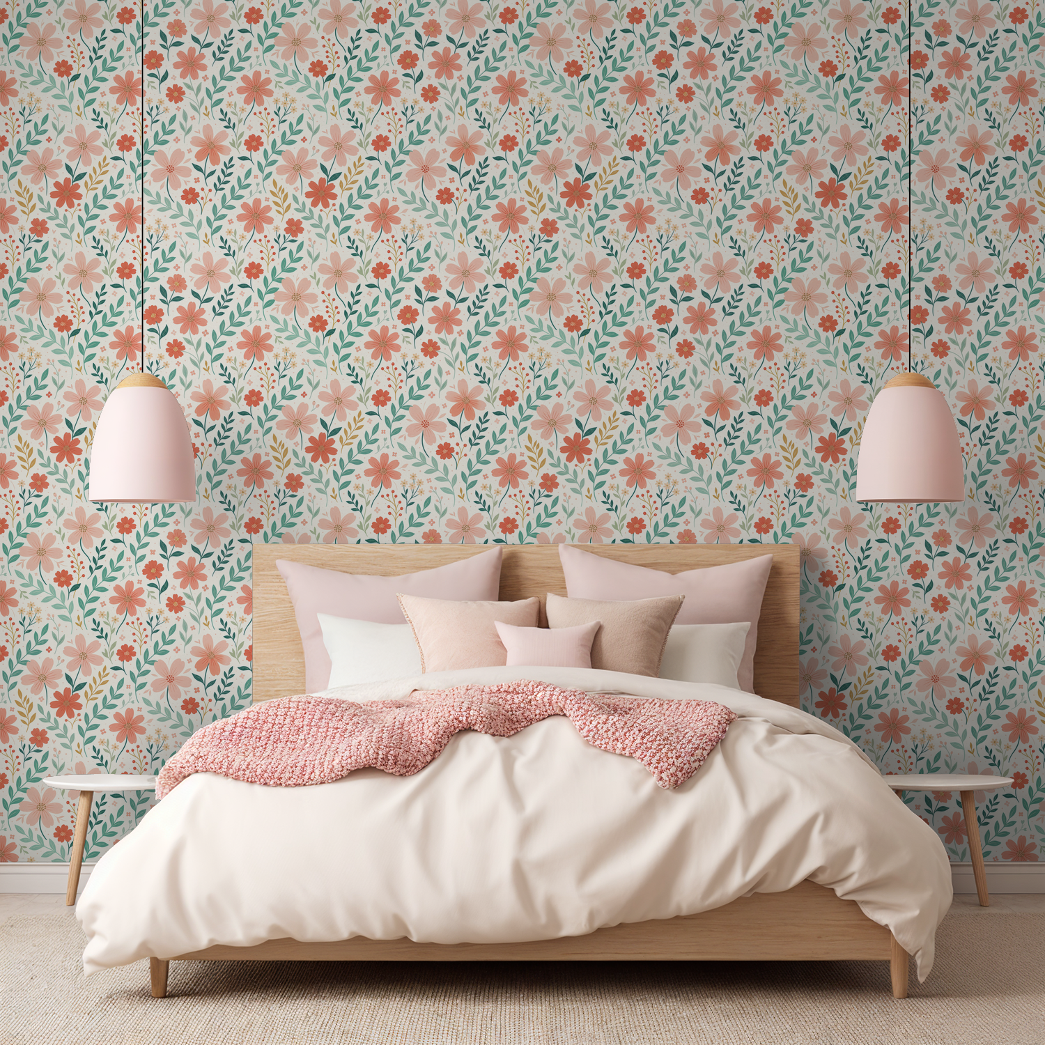 Bedroom with peach and coral floral wallpaper, pink bedding, and pendant lights.