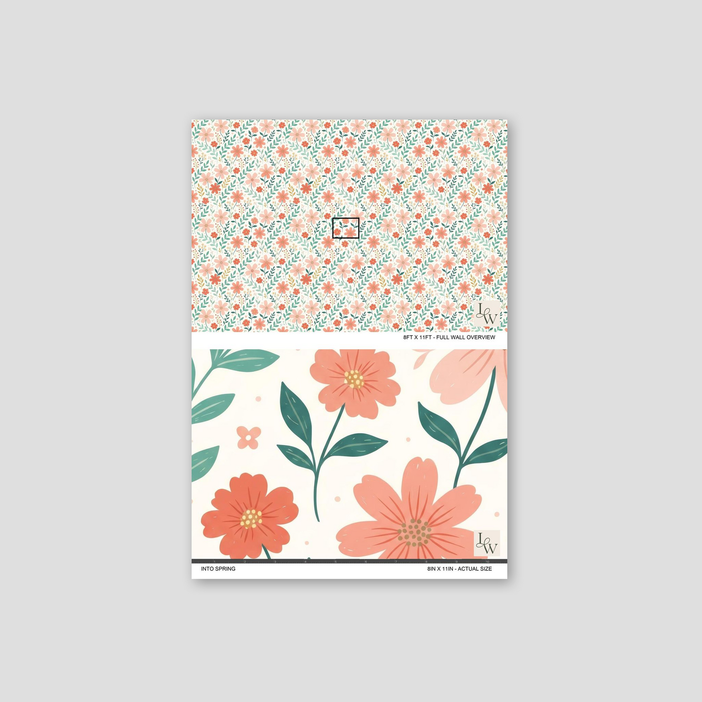 Floral wallpaper with peach and coral blooms and green foliage pattern.
