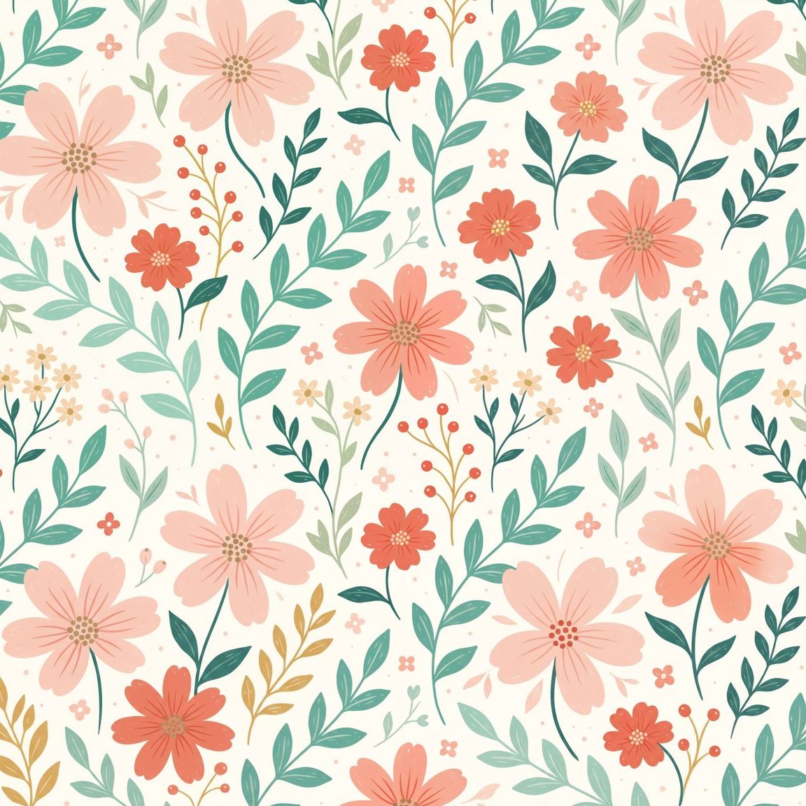 Floral wallpaper with peach and coral blooms and green foliage on a light background.