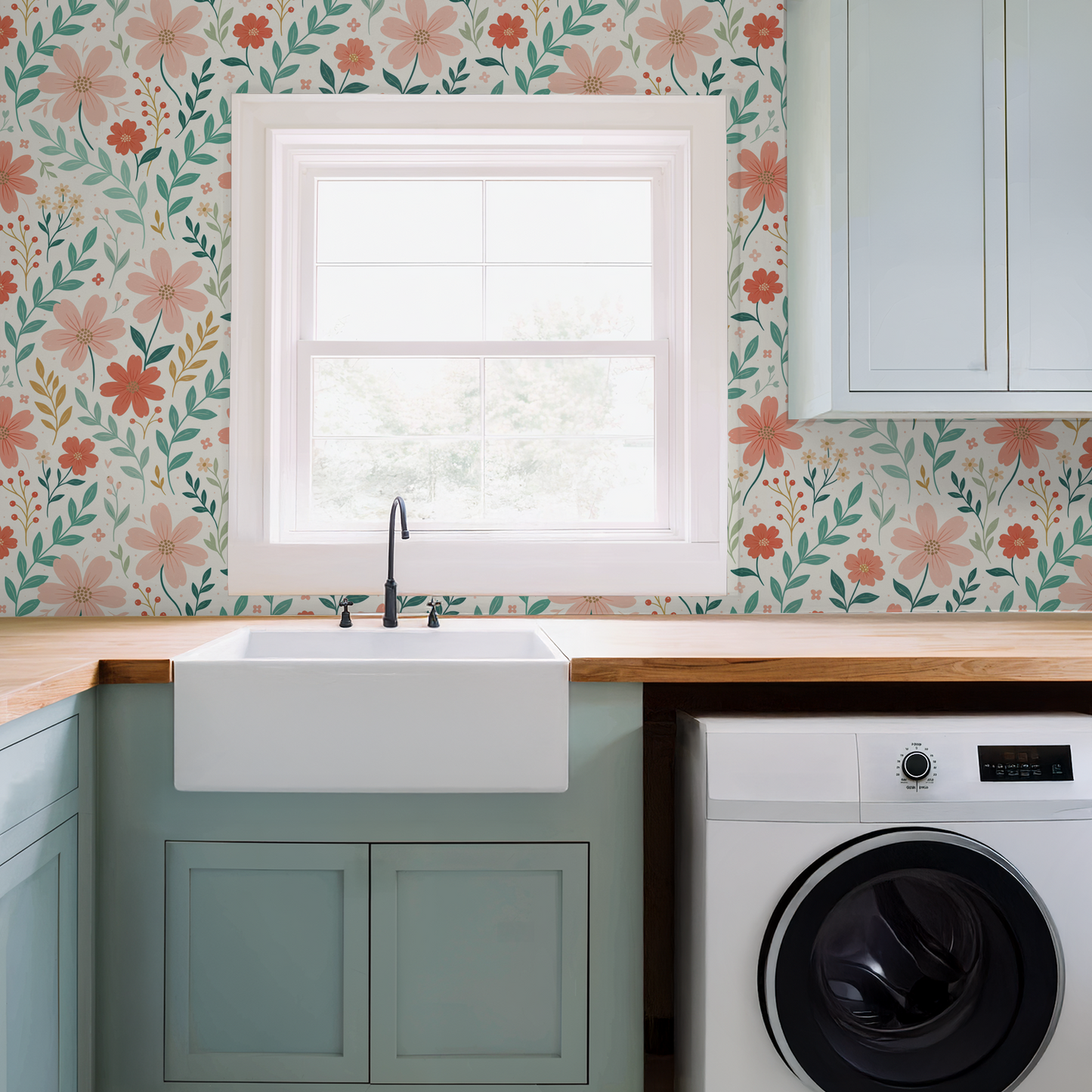 Floral wallpaper with peach and coral blooms in a laundry room setting.