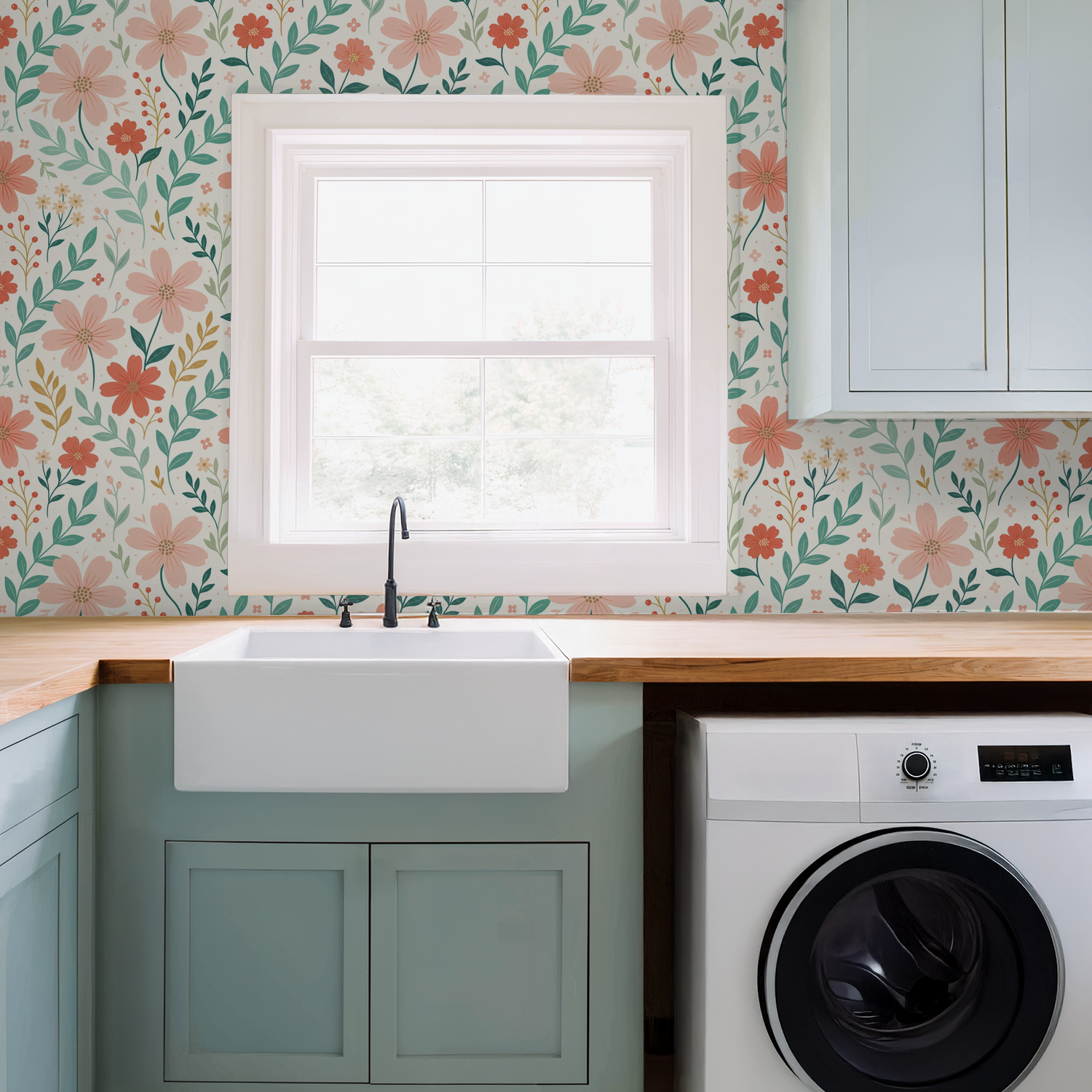 Floral wallpaper with peach and coral blooms in a laundry room setting.