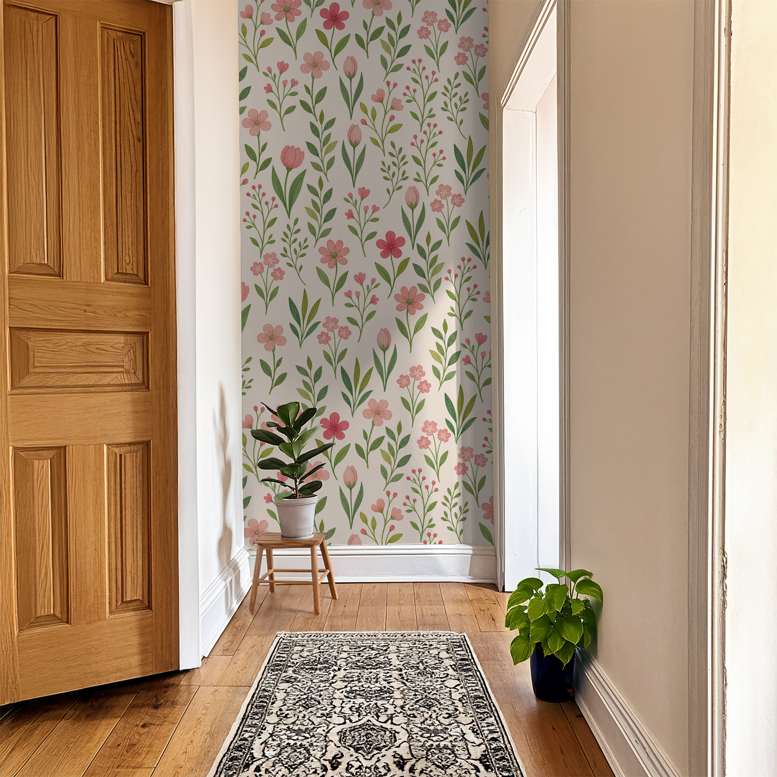 Petalisse wallpaper with pink tulips and green foliage in a bright hallway.