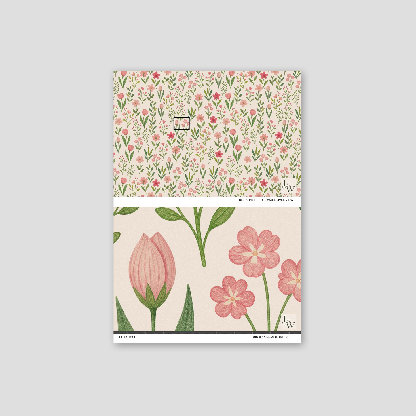 Petalisse wallpaper with pink tulips and green foliage on a cream background.