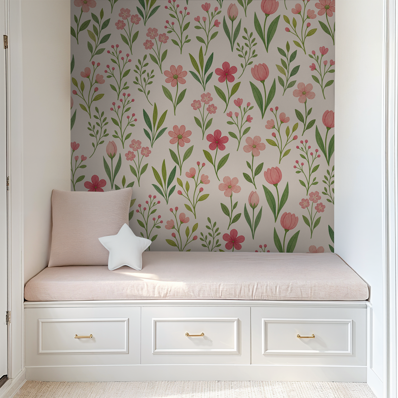 Floral wallpaper with pink tulips and green leaves in cozy nook setting.
