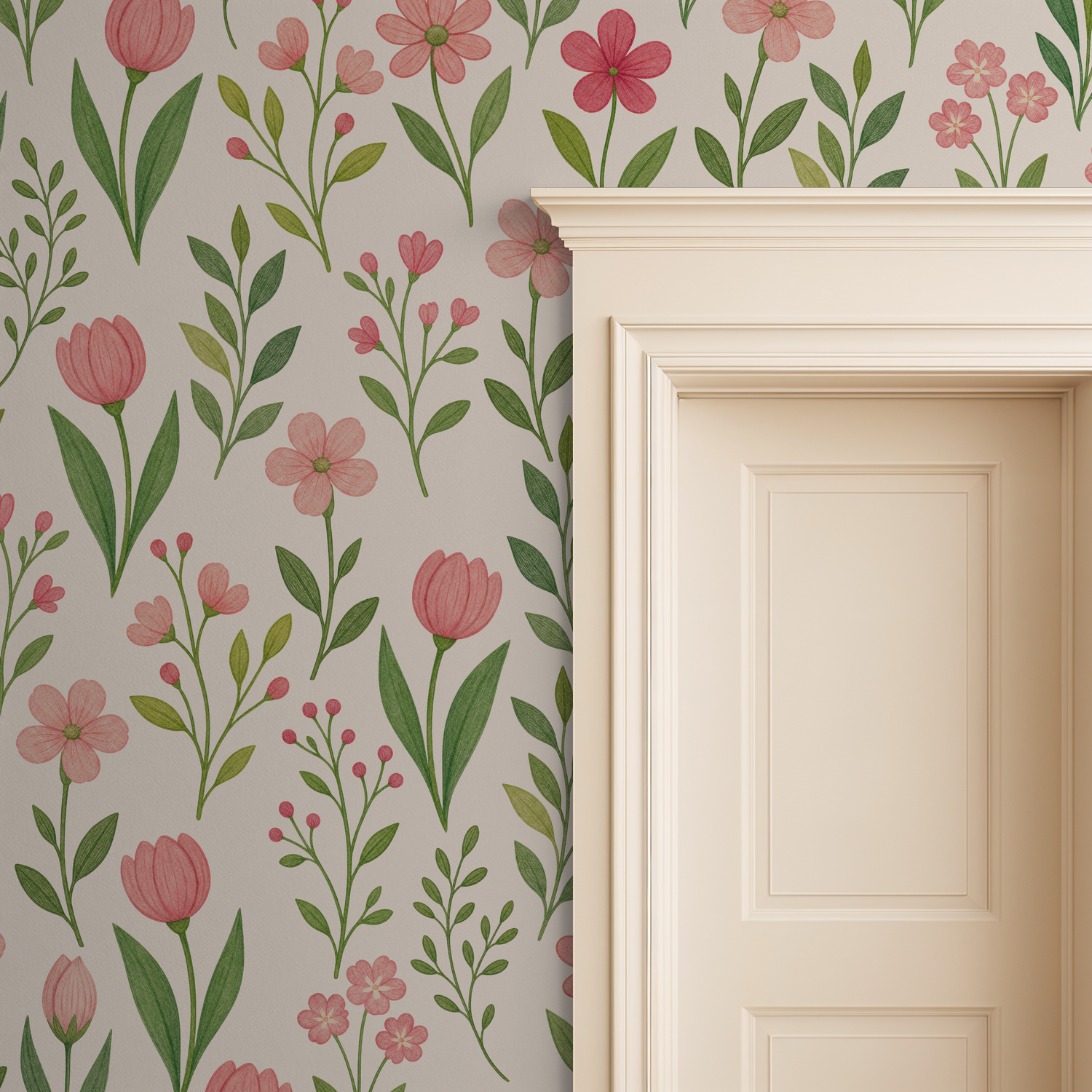 Floral wallpaper with pink tulips and green leaves beside a cream door.