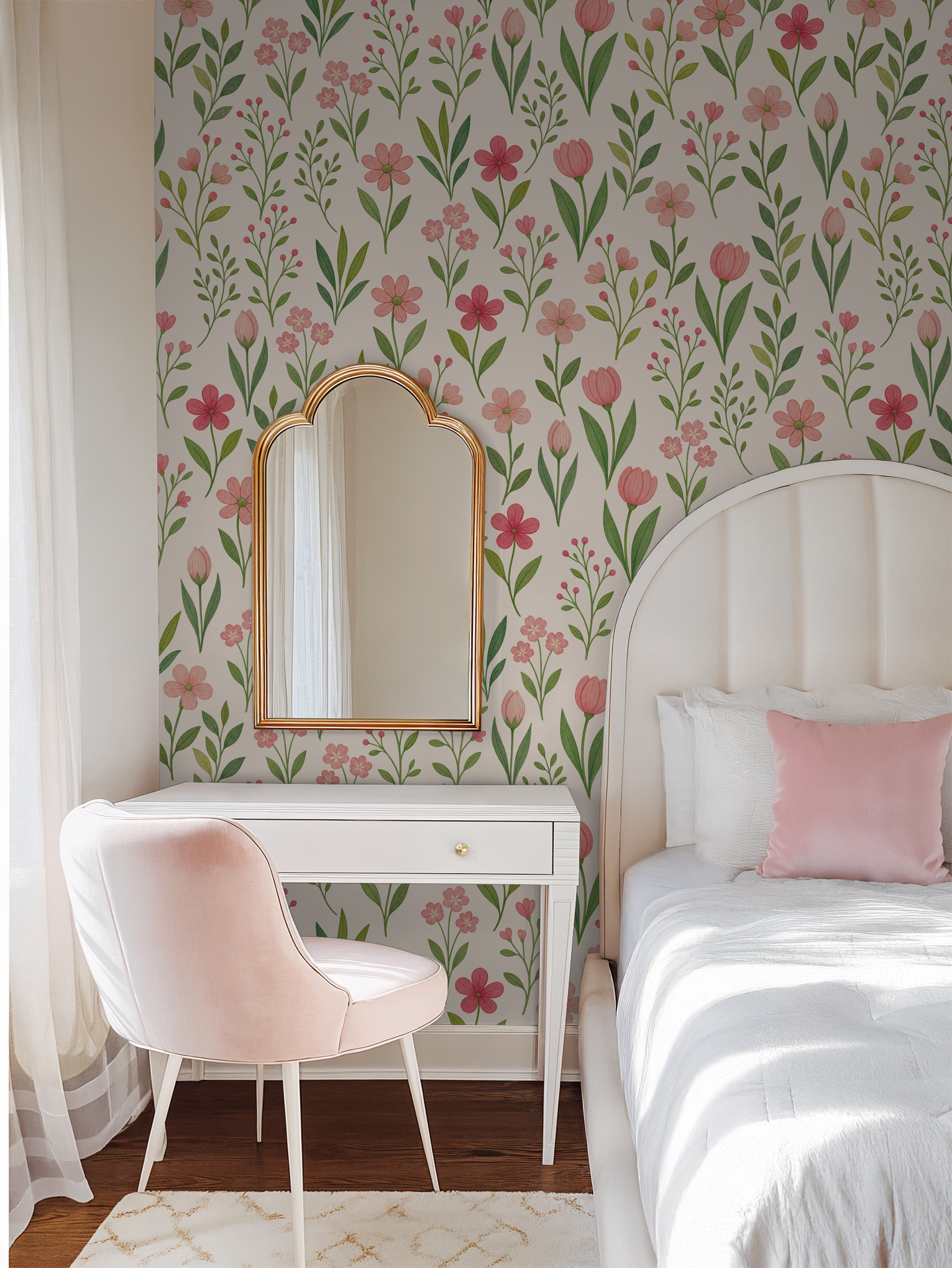 Floral wallpaper with pink tulips and green leaves in elegant bedroom setting.