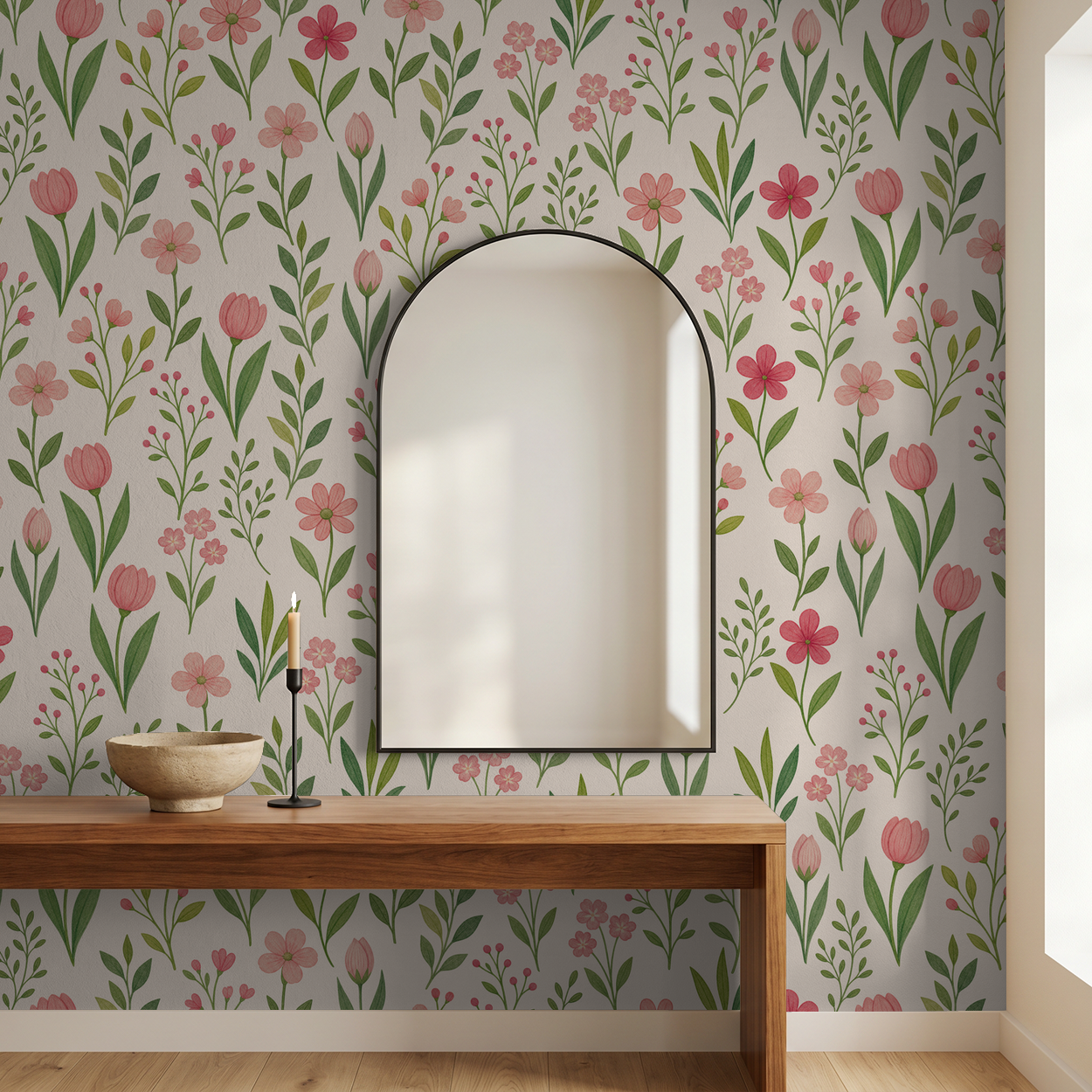 Floral wallpaper with pink tulips and green leaves in a modern entryway with mirror.