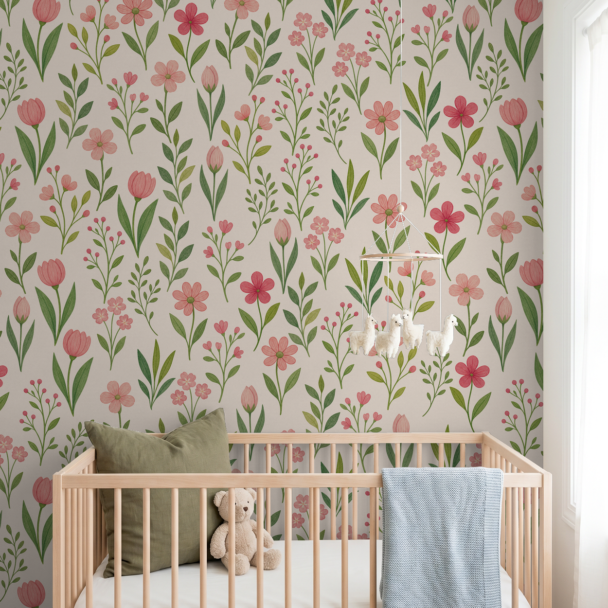 Pink tulip floral wallpaper in nursery with crib and teddy bear.