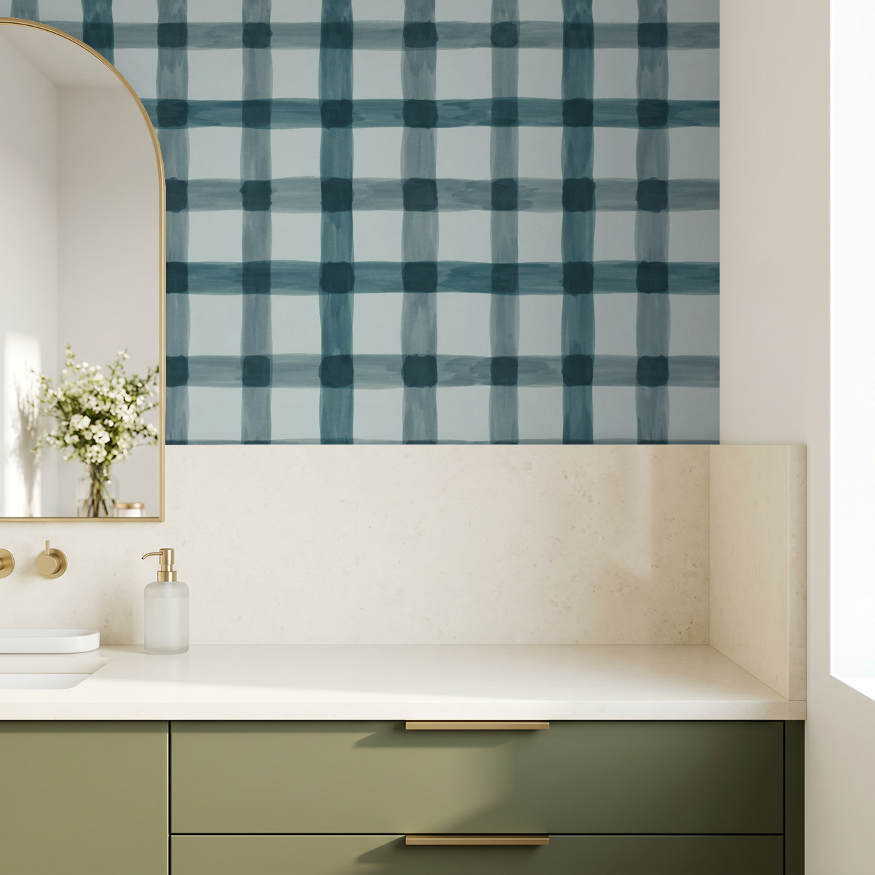 Plaid blue and white wallpaper in modern bathroom with green vanity.