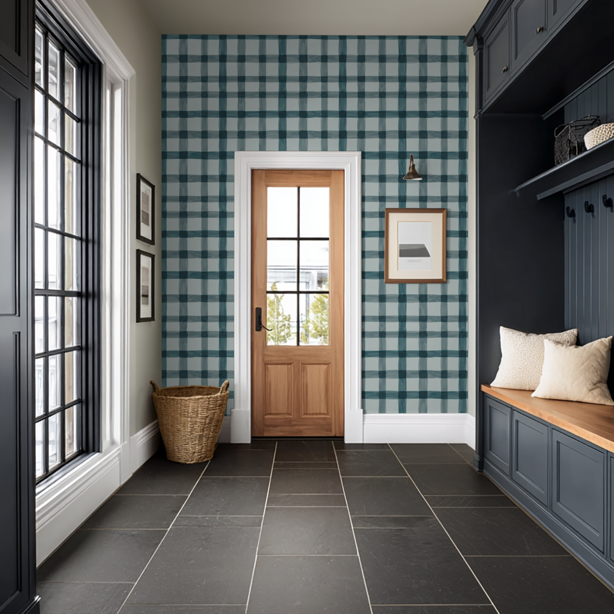 Plaid blue and white wallpaper in modern entryway with wooden door and bench.