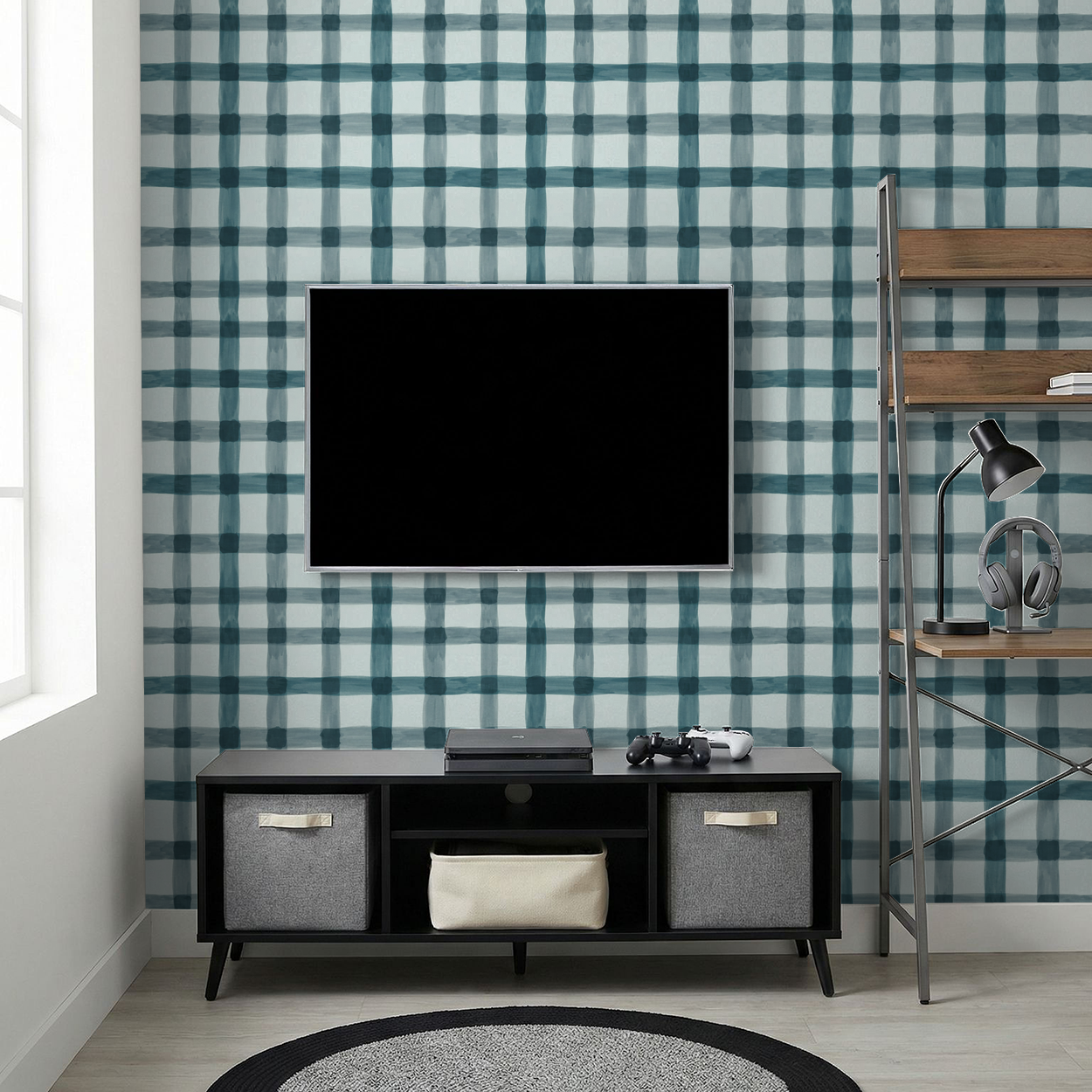 Plaid blue and white wallpaper in modern living room with TV and shelves.