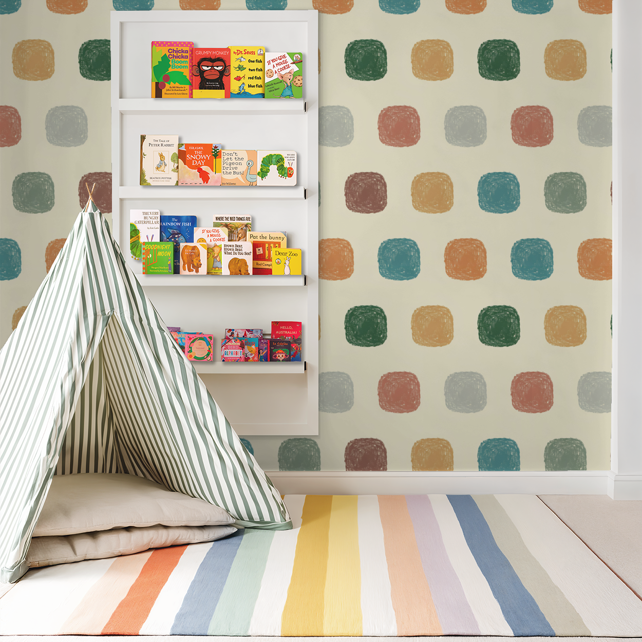 Playful geometric wallpaper with soft squares in earthy tones in a cozy nursery setting.