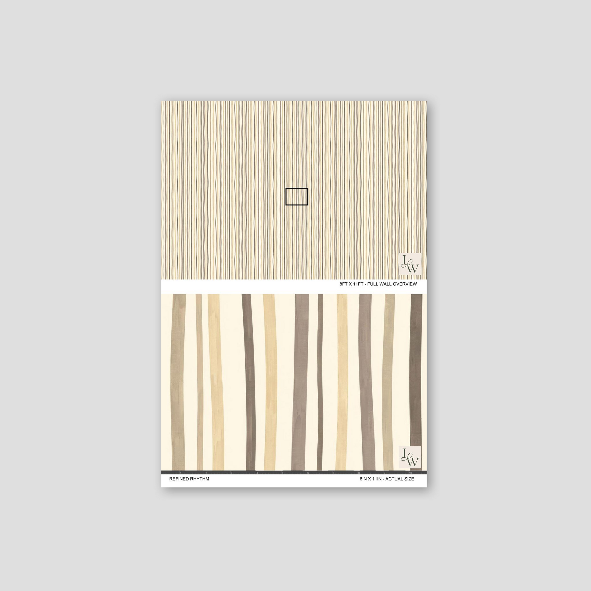 Refined Rhythm wallpaper with flowing vertical lines in beige, taupe, and cream.