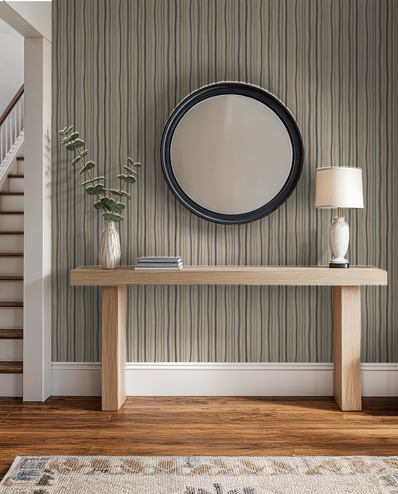 Refined Rhythm wallpaper with vertical lines in beige, taupe, cream in modern entryway.