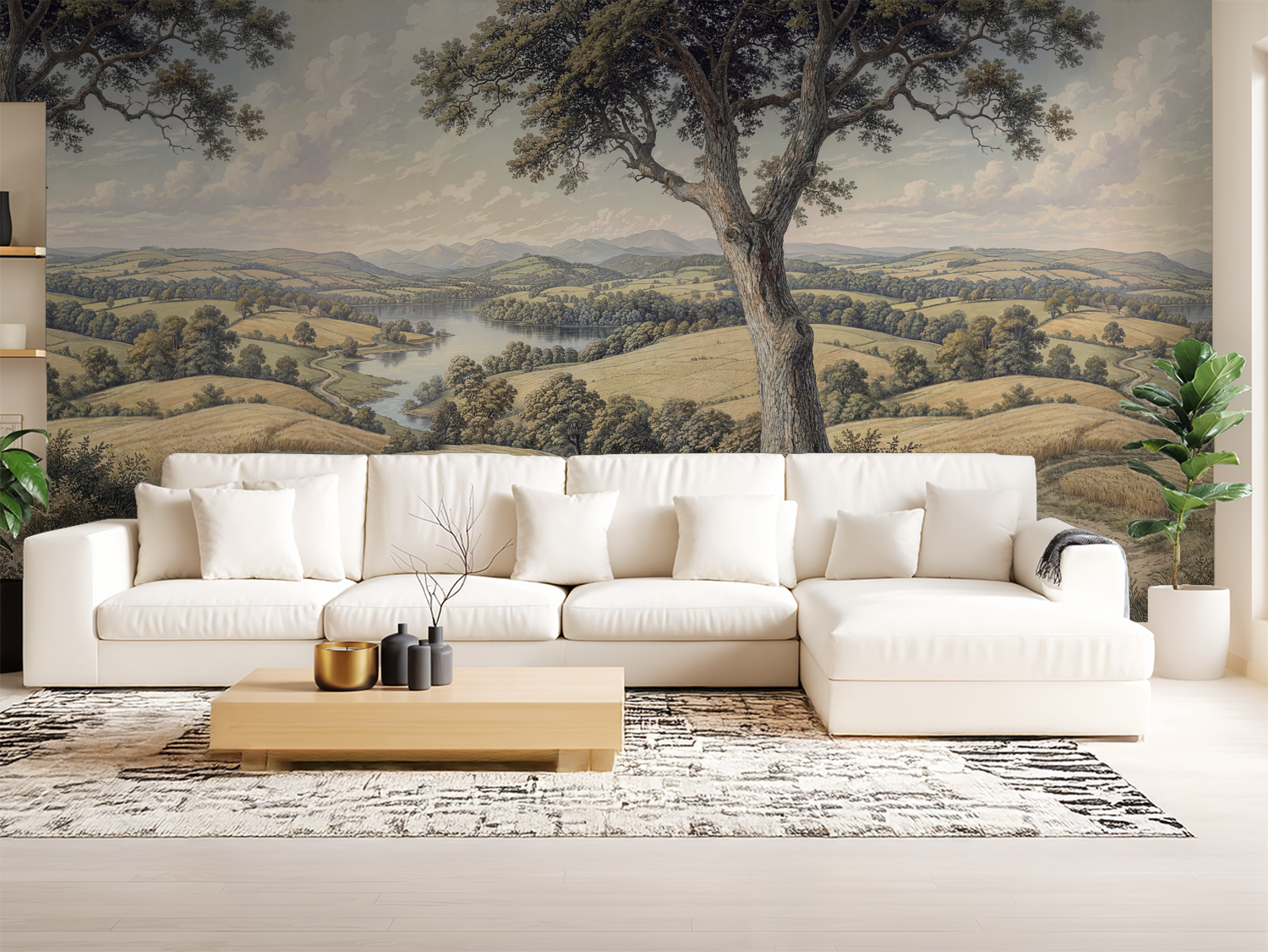 Rolling Pasture wallpaper with countryside landscape in living room setting.