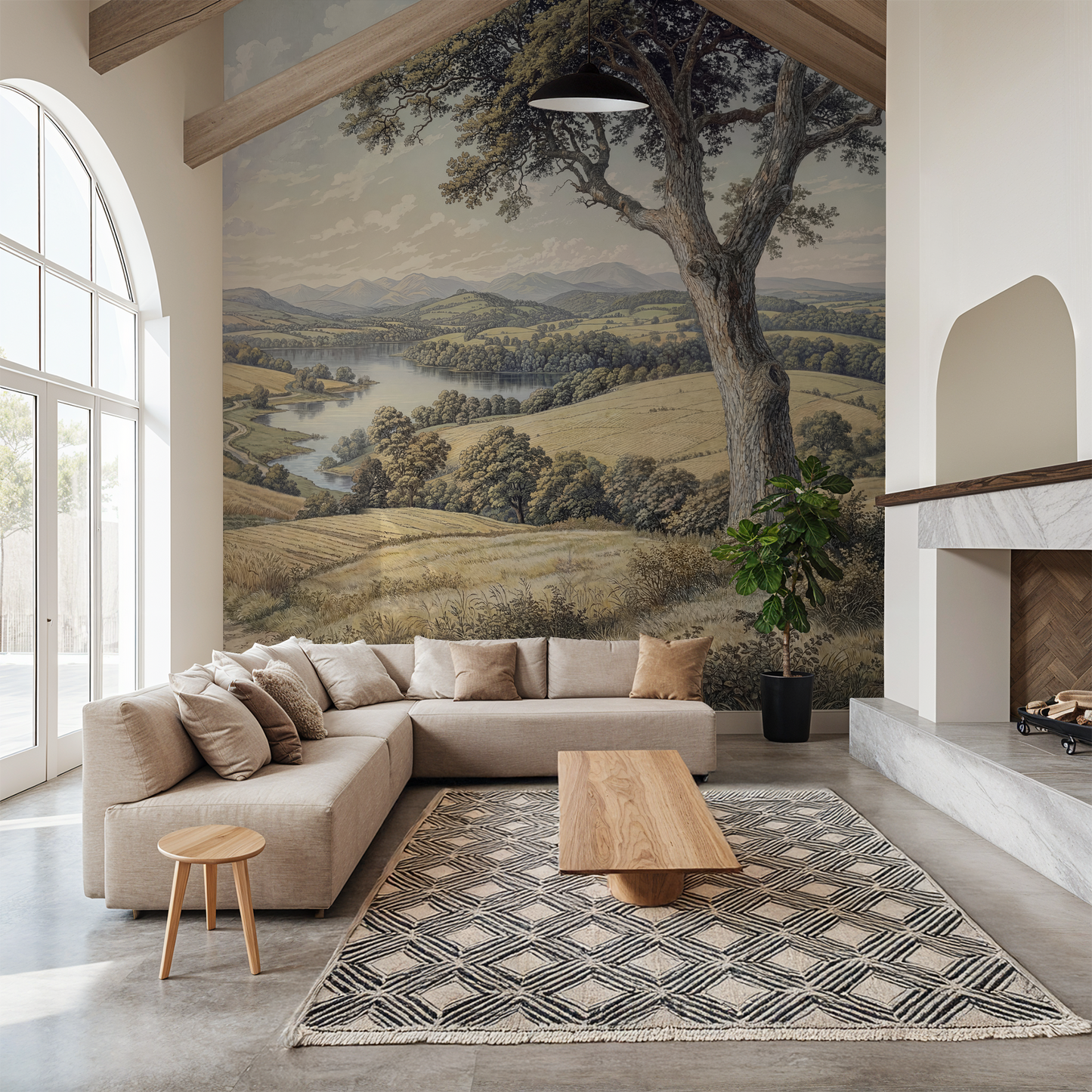 Rolling Pasture wallpaper with tree and hills in rustic living room