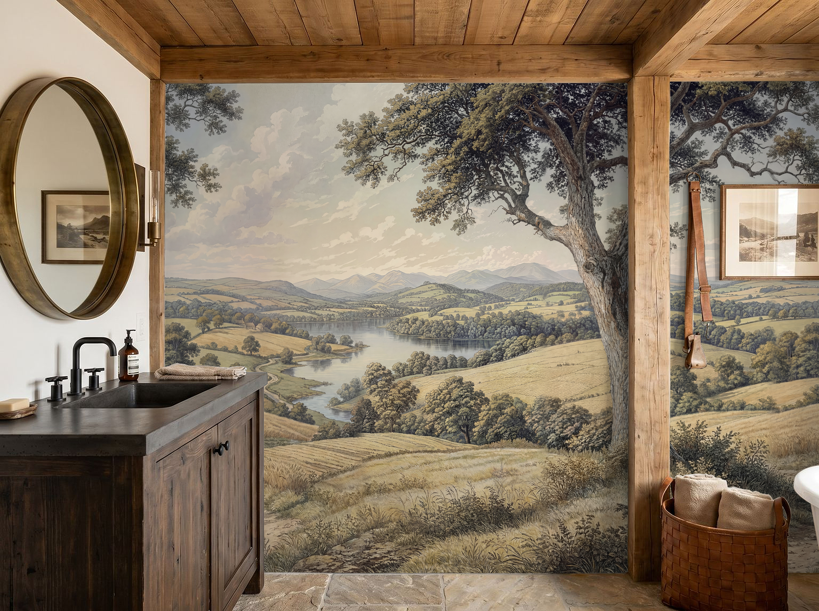 Rustic bathroom with landscape wallpaper of rolling hills and tree