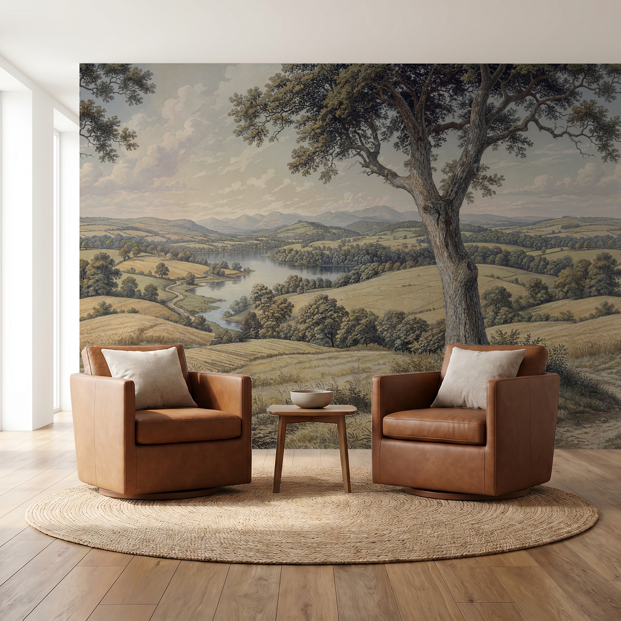 Rustic landscape wallpaper with tree and hills in serene living room setting.