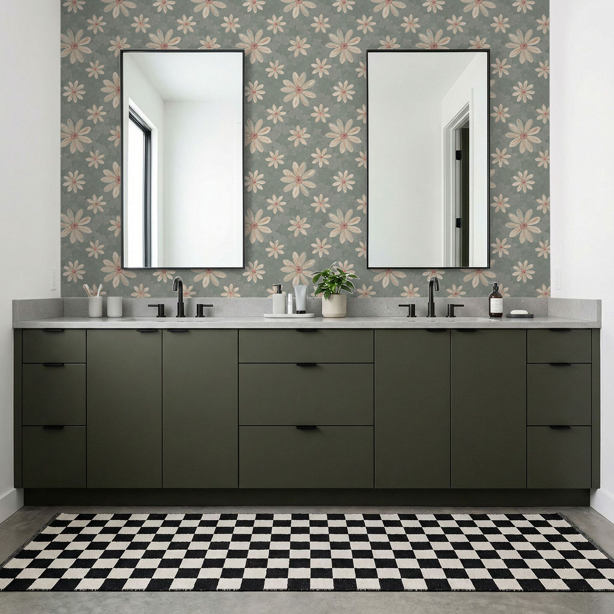 Bathroom with sage floral wallpaper, dual mirrors, and checkered rug.