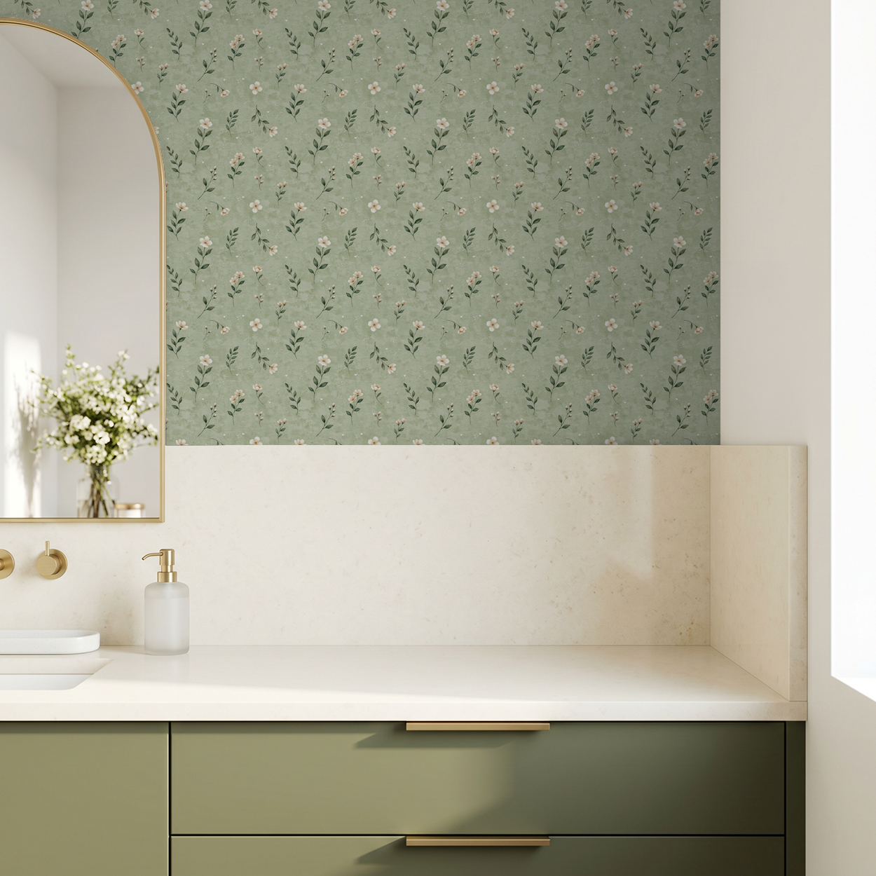 Sage floral wallpaper with delicate blossoms in modern bathroom setting.