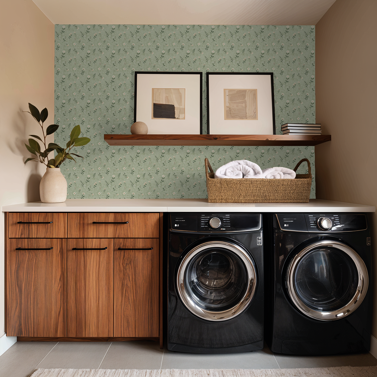 Sage floral wallpaper in modern laundry room with wood cabinets and decor