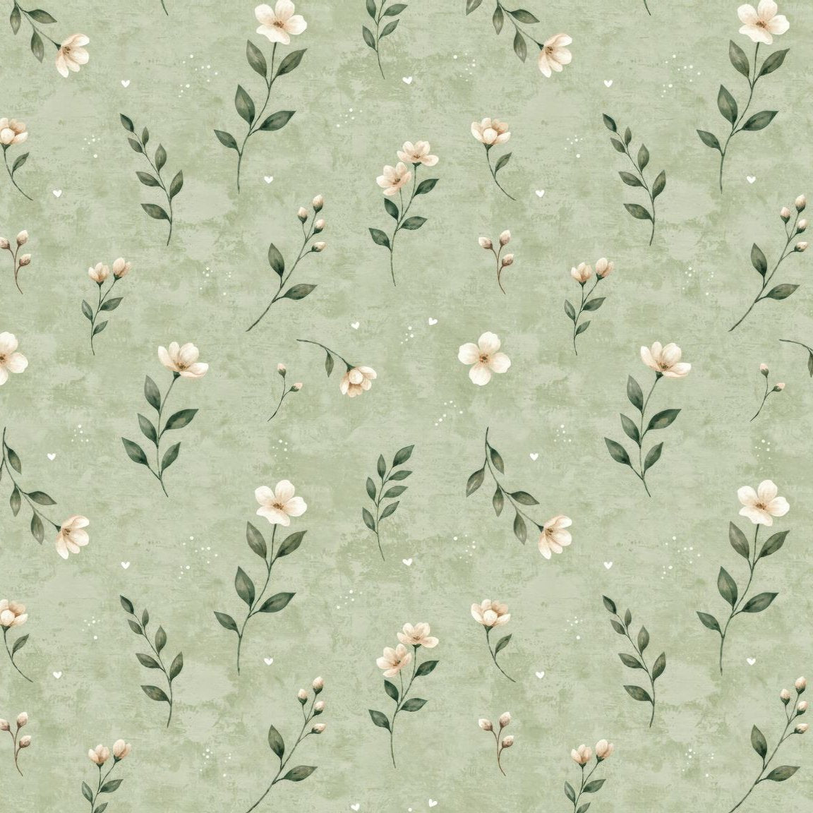 Sage green floral wallpaper with delicate blossoms and leaves pattern