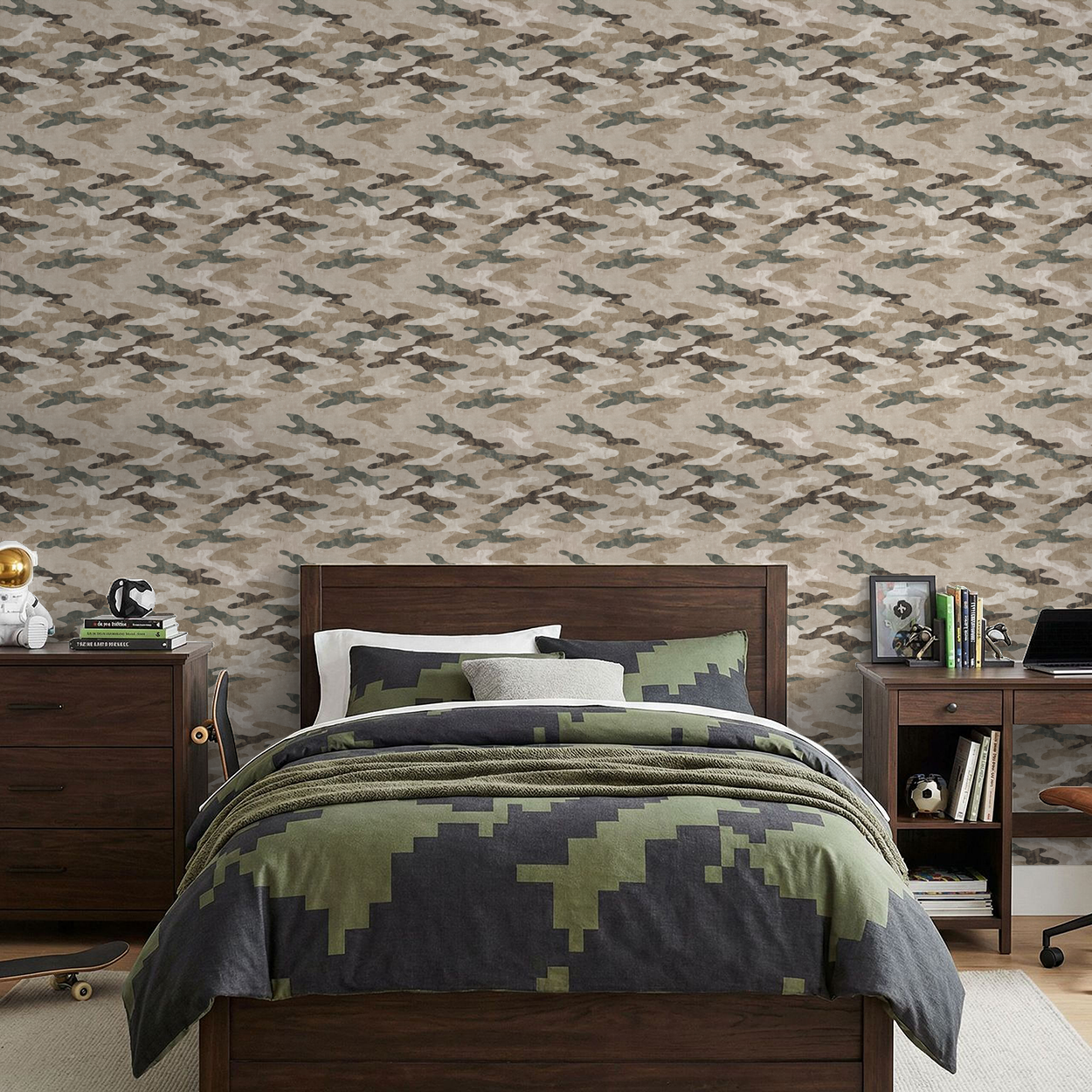 Sahara Shade camouflage wallpaper in beige and olive tones in a modern bedroom setting.