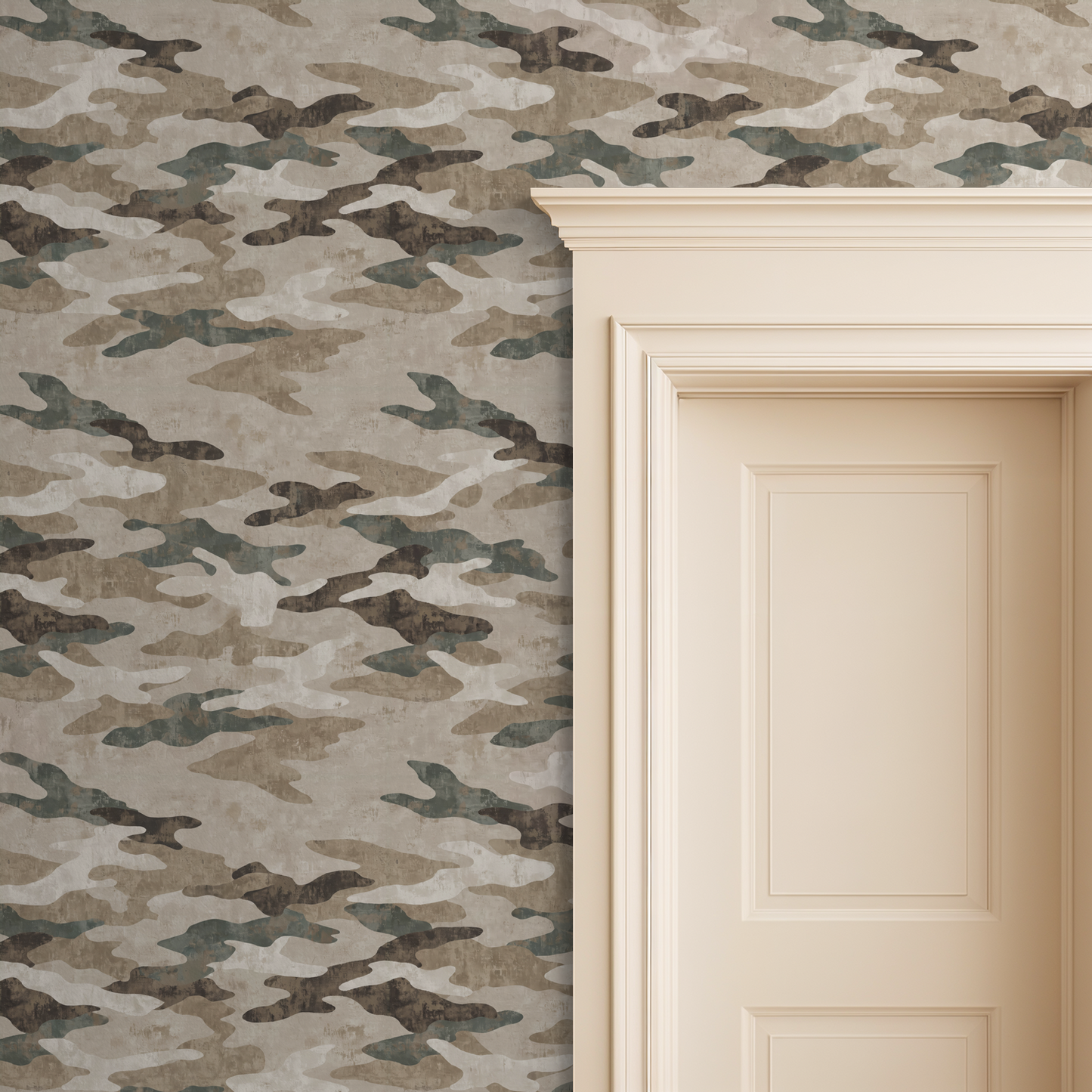 Sahara Shade camouflage wallpaper in beige, olive, and taupe near a cream door frame.