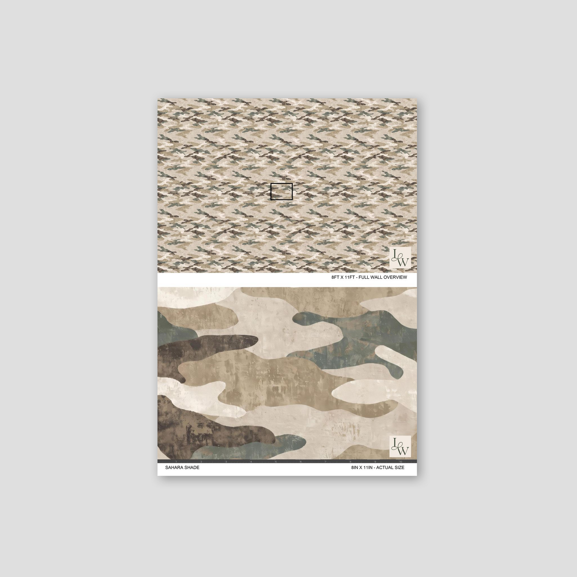 Sahara Shade camouflage wallpaper in beige, olive, taupe tones with organic shapes.