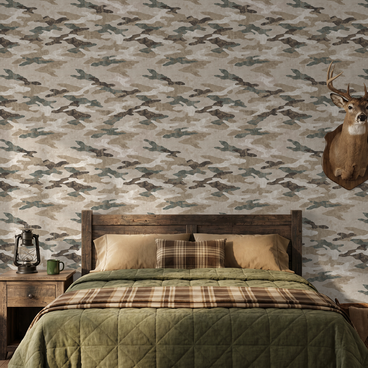 Sahara Shade wallpaper with earthy camouflage pattern in rustic bedroom setting.