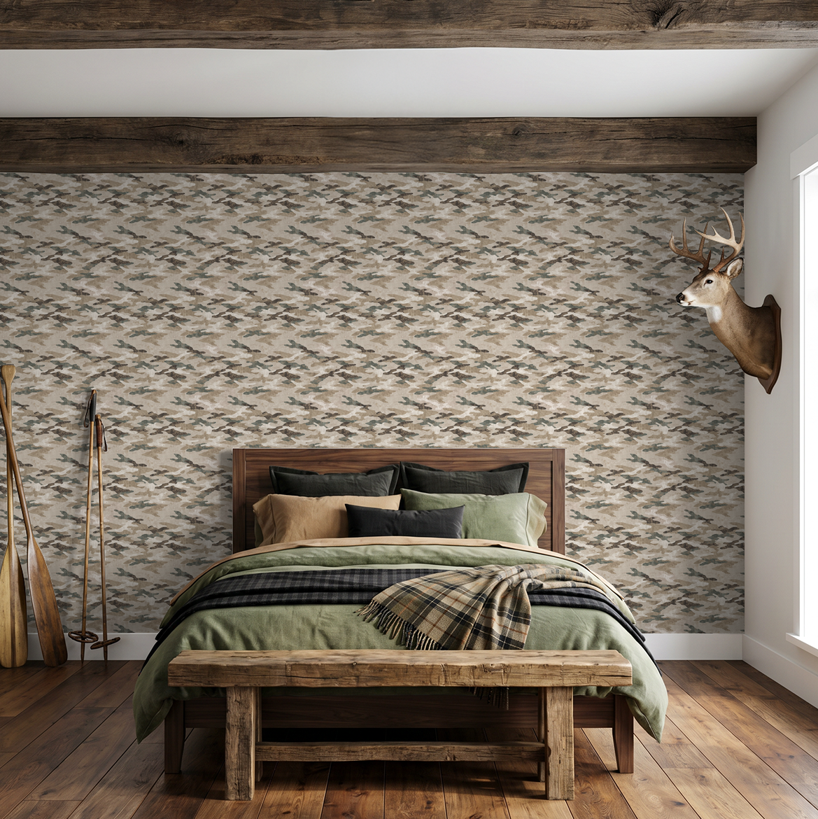 Sahara Shade wallpaper with earthy camouflage pattern in rustic bedroom setting.