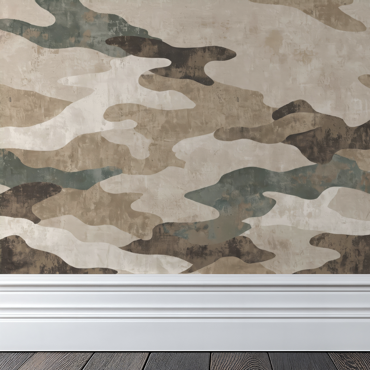Sahara Shade wallpaper with organic shapes in beige, olive, and taupe in a modern room.