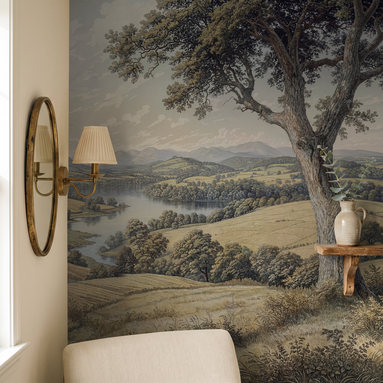 Scenic countryside wallpaper with tree and rolling hills in living room setting.