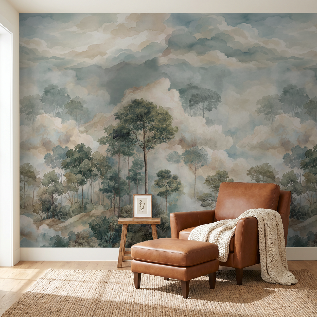 Scenic forest dreamscape wallpaper with muted greens and blues in a cozy living room.