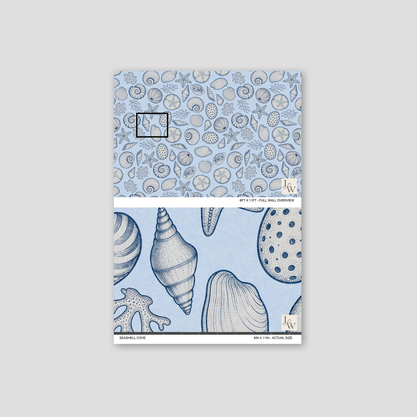 Seashell Cove wallpaper with blue seashell and marine flora pattern.